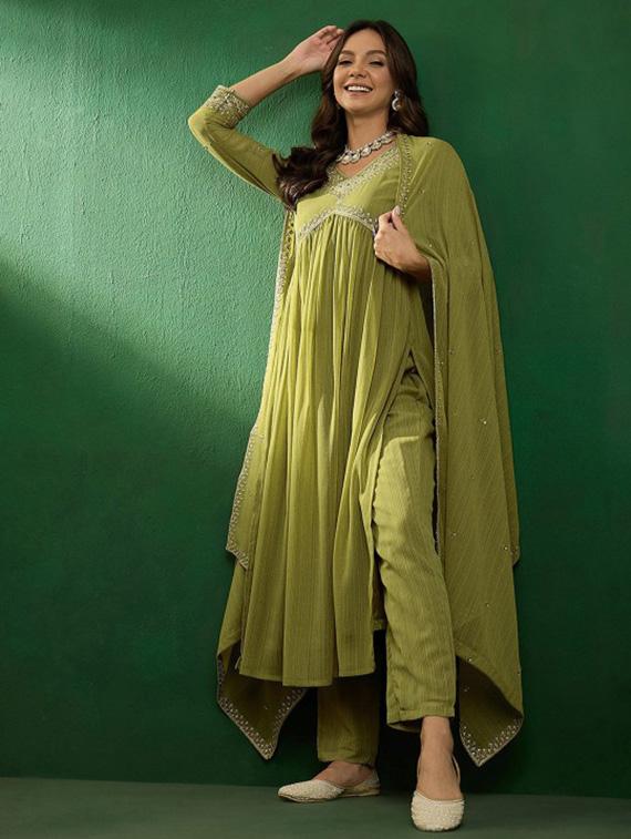 women embroidered three quarter sleeve kurta pant with dupatta set - 22011203 -  Standard Image - 1