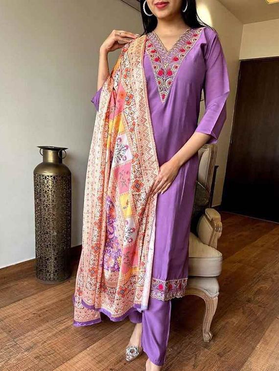 women embroidered three quarter sleeve kurta pant with dupatta set - 22011205 - Standard Image - 1