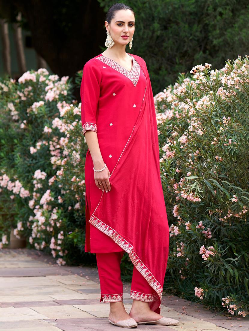 women embroidered three quarter sleeve kurta pant with dupatta set - 22011215 -  Standard Image - 1