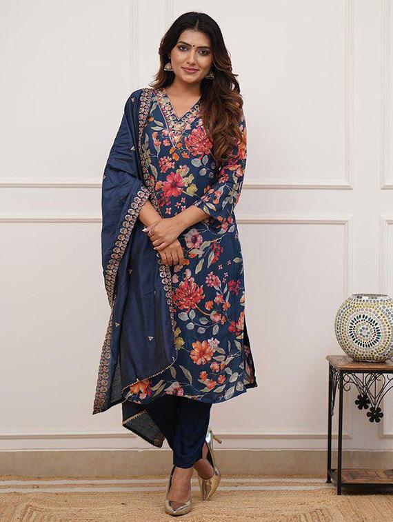women embroidered three quarter sleeve kurta pant with dupatta set - 22011217 -  Standard Image - 1