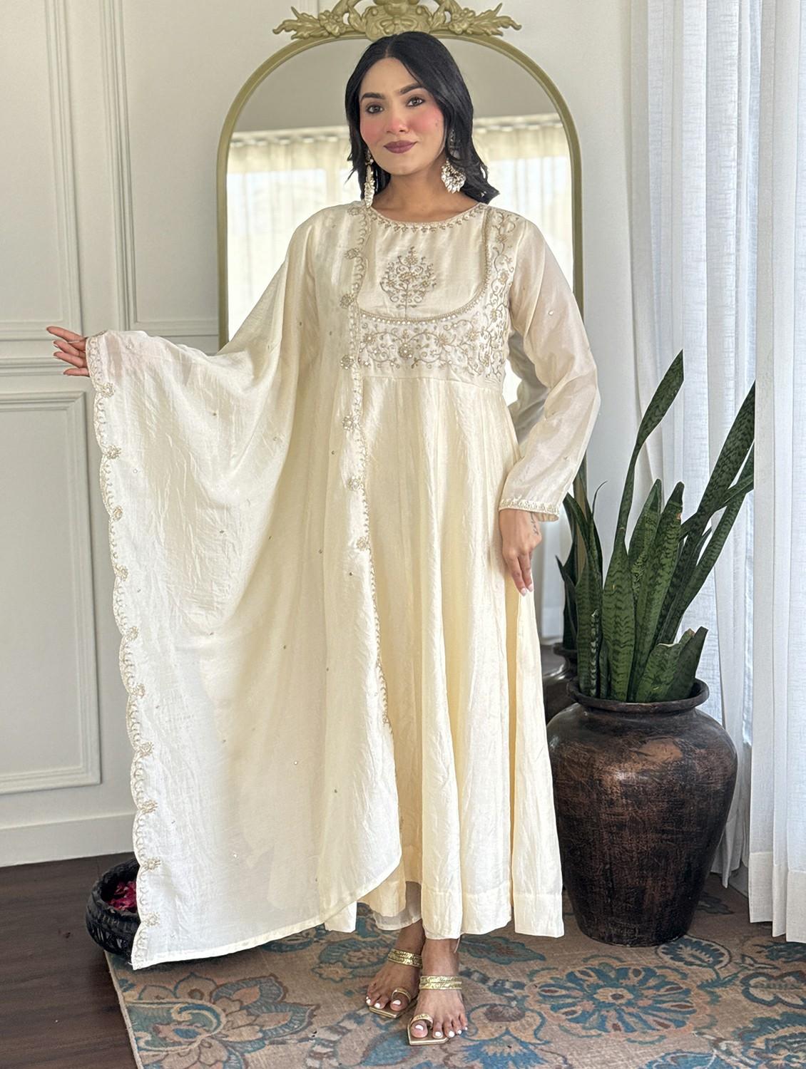 women embroidered long sleeve anarkali kurta pant with dupatta set - 22011238 -  Standard Image - 1