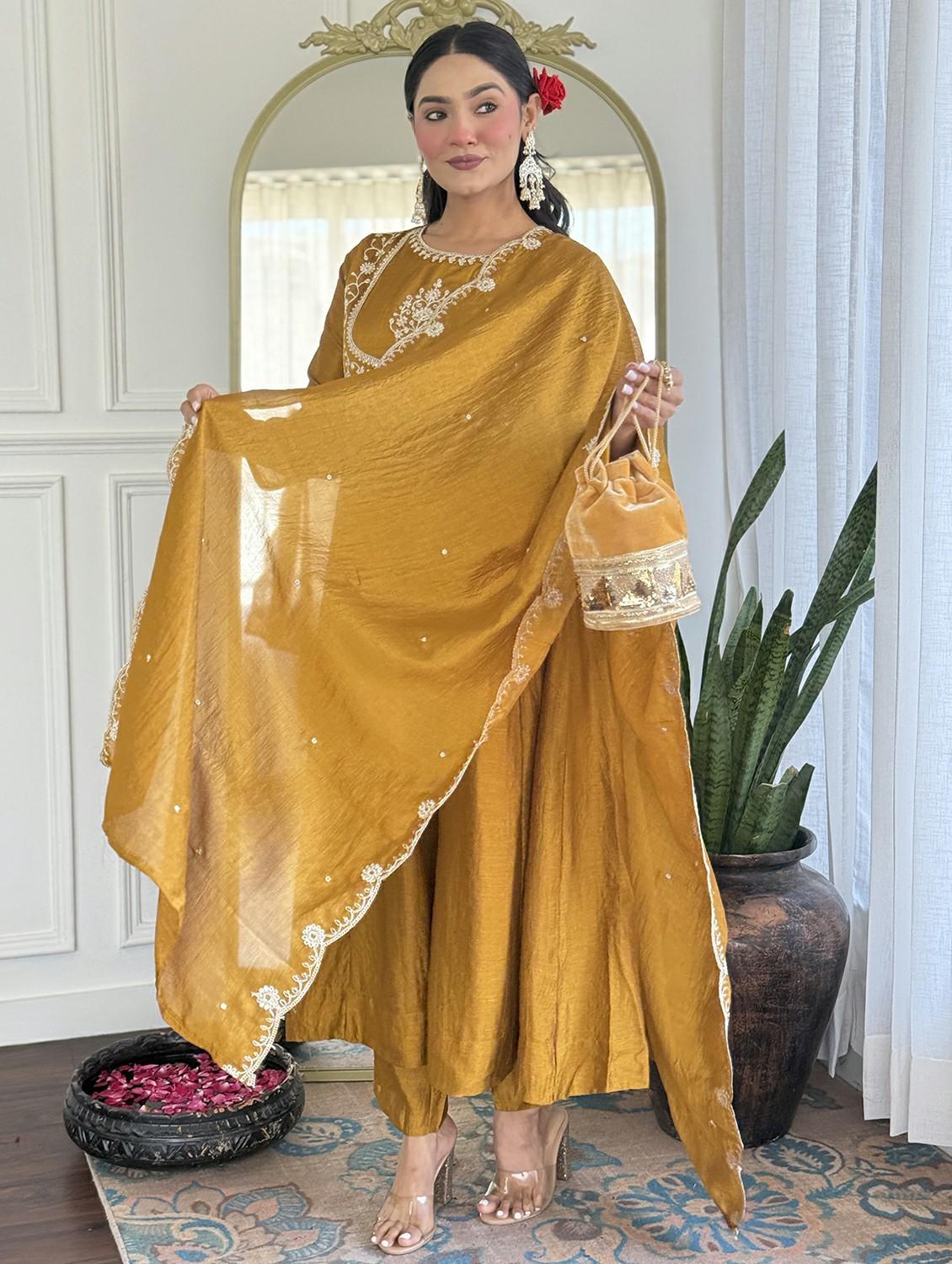 women embroidered long sleeve anarkali kurta pant with dupatta set - 22011239 - Standard Image - 1