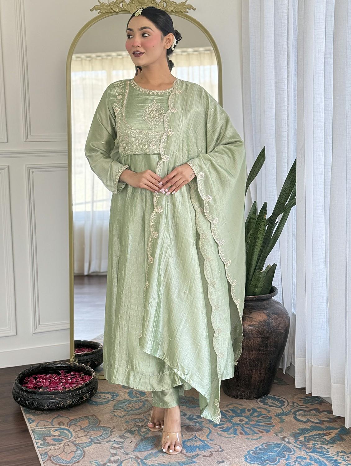 women embroidered long sleeve anarkali kurta pant with dupatta set - 22011240 -  Standard Image - 1