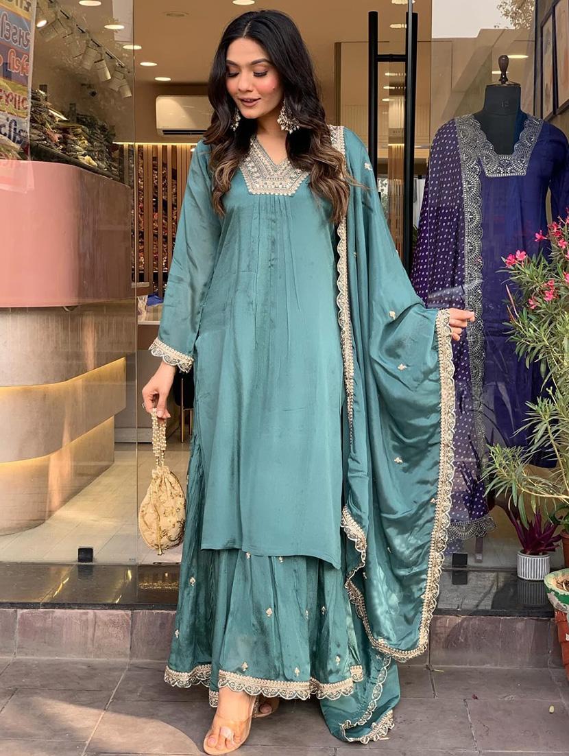 women embroidered long sleeve kurta sharara with dupatta set - 22011242 -  Standard Image - 1