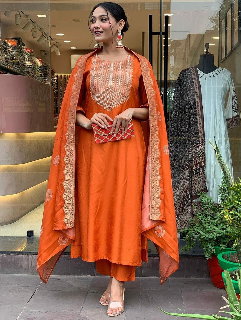 women embroidered three quarter sleeve kurta pant with dupatta set - 22011243 -  Standard Image - 1