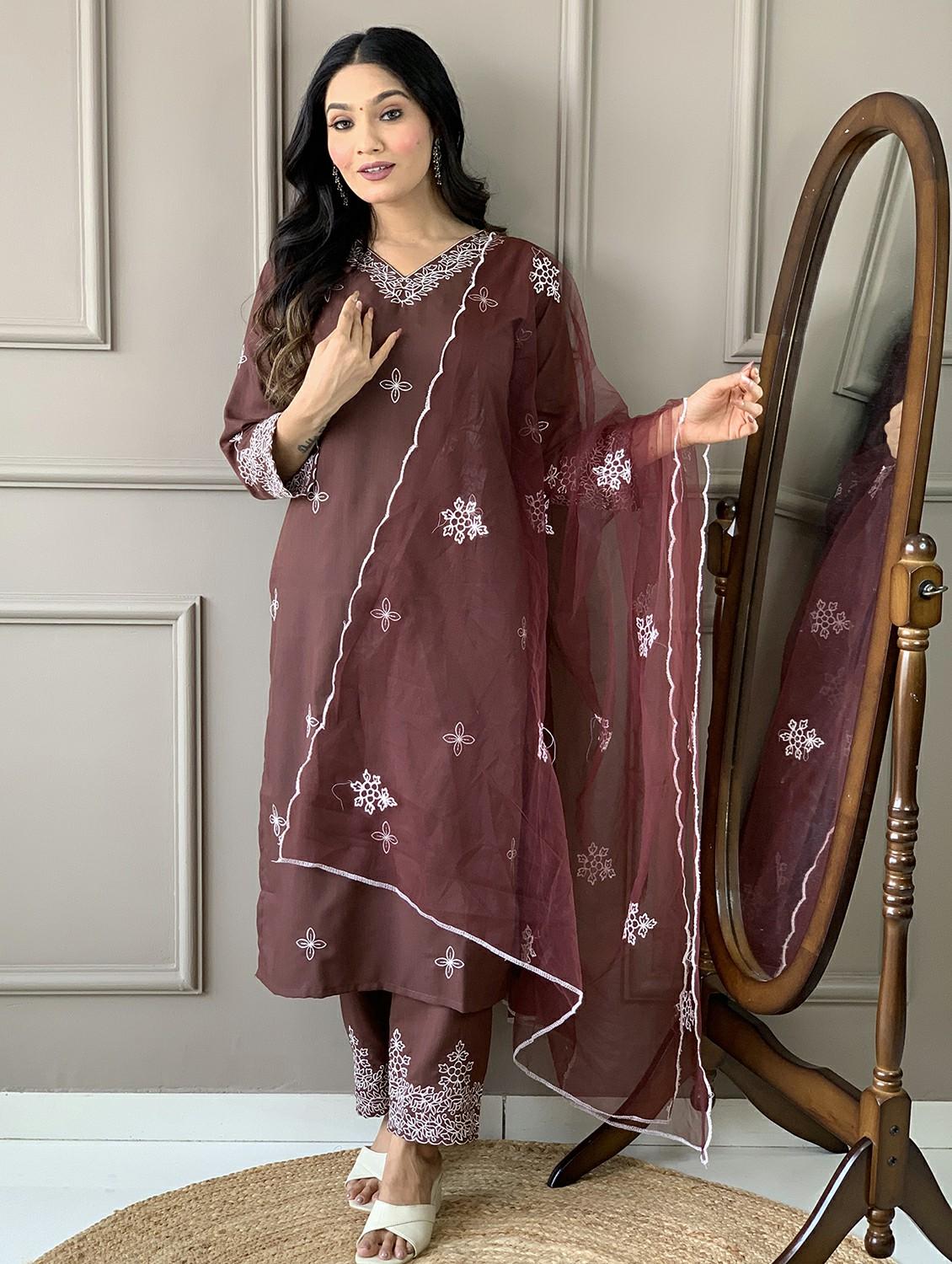 women embroidered three quarter sleeve kurta pant with dupatta set - 22011244 - Standard Image - 1