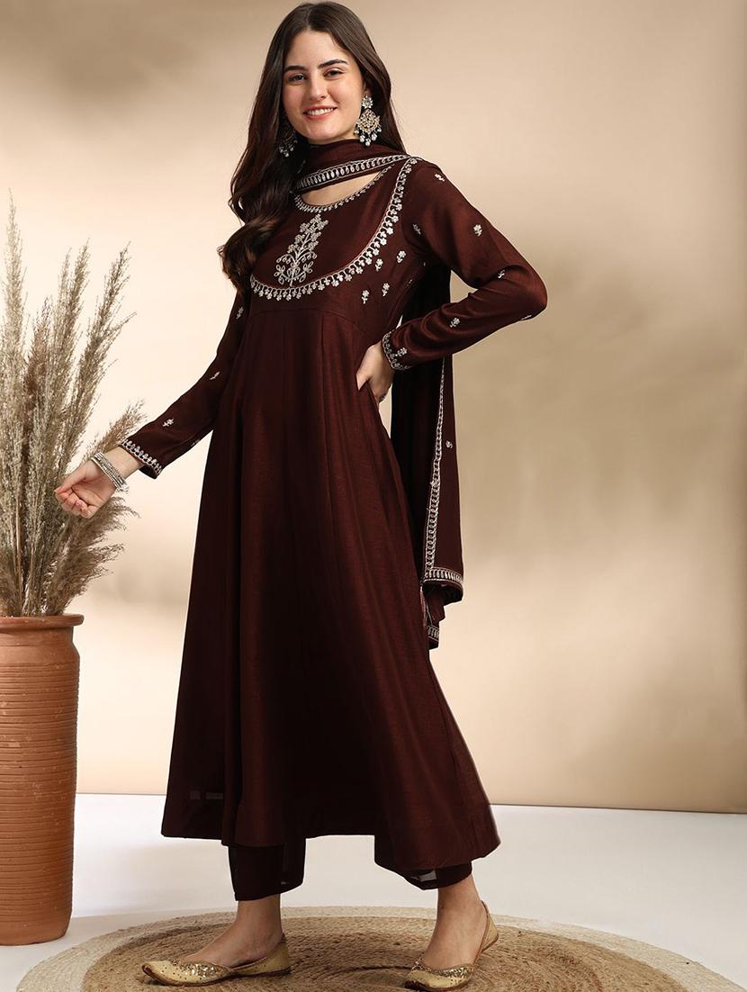 women embroidered long sleeve anarkali kurta pant with dupatta set - 22011246 -  Standard Image - 1