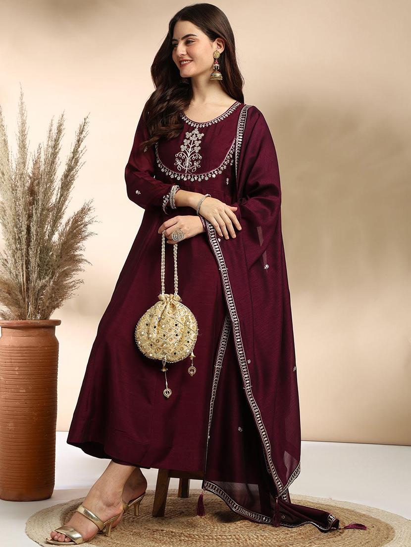 women embroidered long sleeve anarkali kurta pant with dupatta set - 22011248 -  Standard Image - 1
