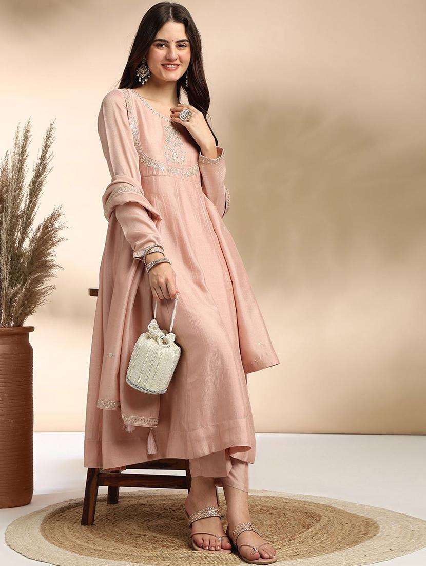 women embroidered long sleeve anarkali kurta pant with dupatta set - 22011249 -  Standard Image - 1