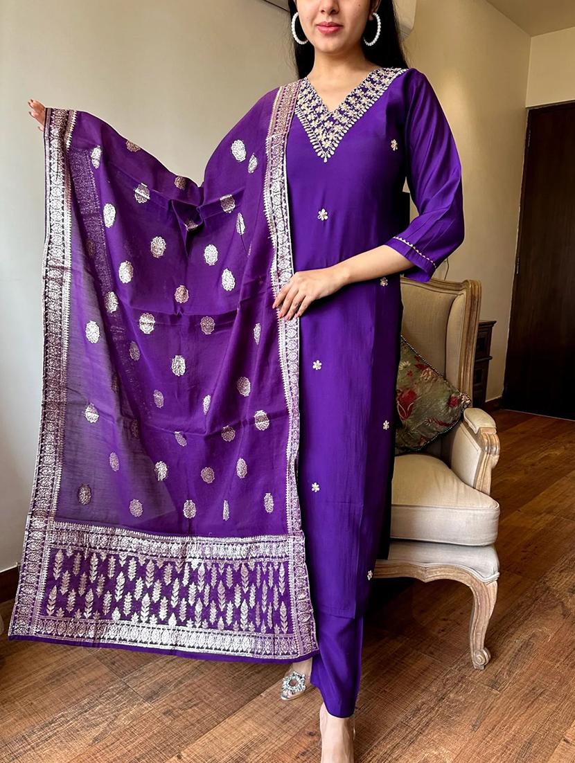 women embroidered three quarter sleeve kurta pant with dupatta set - 22011255 - Standard Image - 1