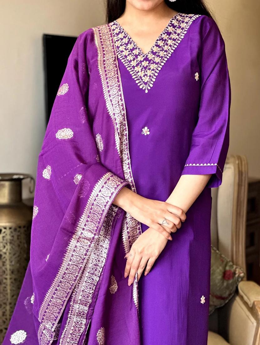 women embroidered three quarter sleeve kurta pant with dupatta set - 22011255 - Standard Image - 4