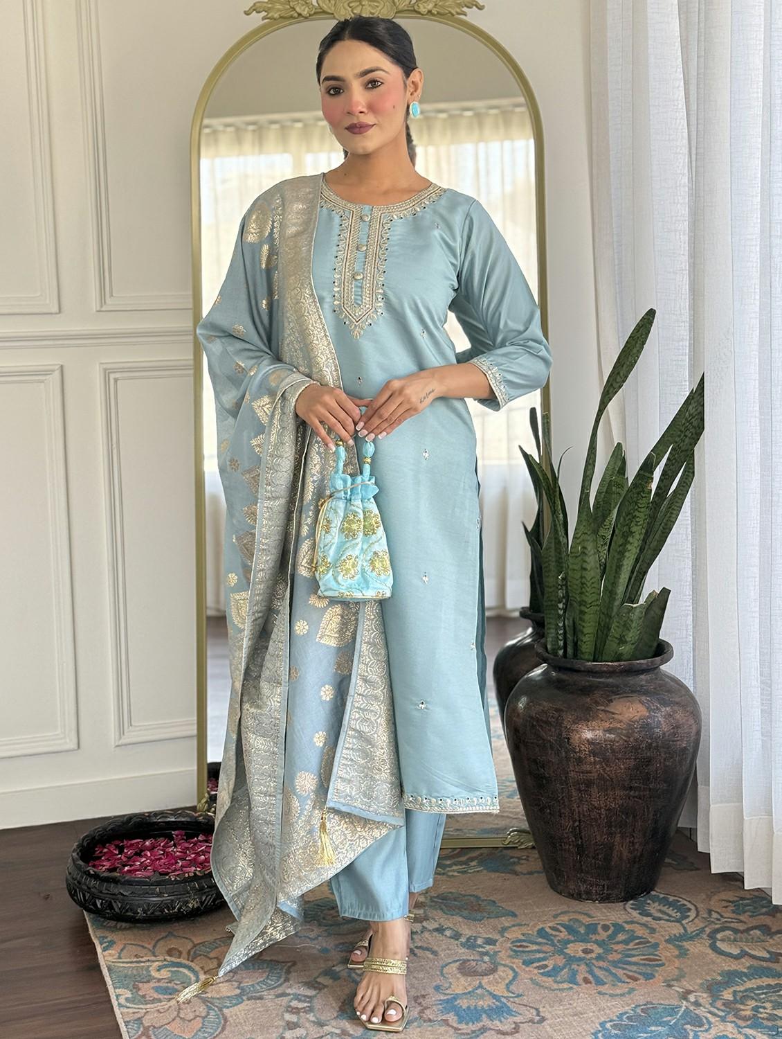 women embroidered three quarter sleeve kurta pant with dupatta set - 22011259 - Standard Image - 1