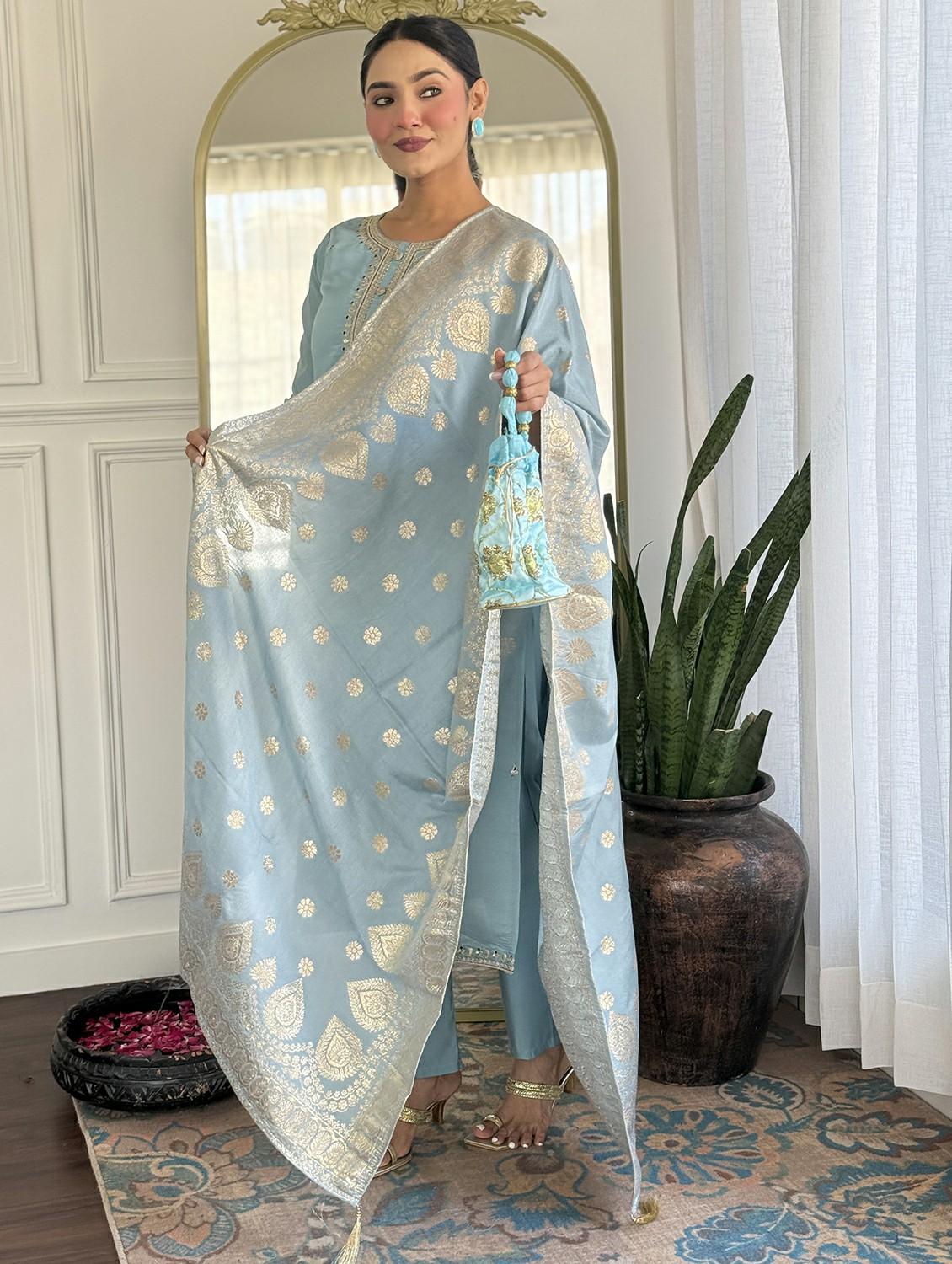 women embroidered three quarter sleeve kurta pant with dupatta set - 22011259 - Standard Image - 4