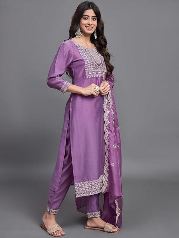 women embroidered three quarter sleeve kurta pant with dupatta set - 22011269 - Standard Image - 1