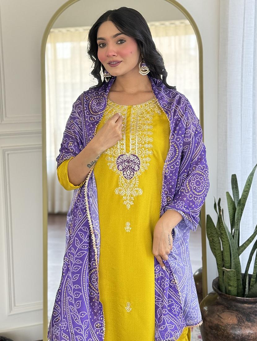 women embroidered three quarter sleeve kurta pant with dupatta set - 22011276 - Standard Image - 4