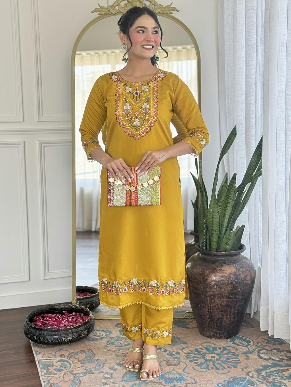 women embroidered three quarter sleeve kurta pant with dupatta set - 22011277 - Standard Image - 1