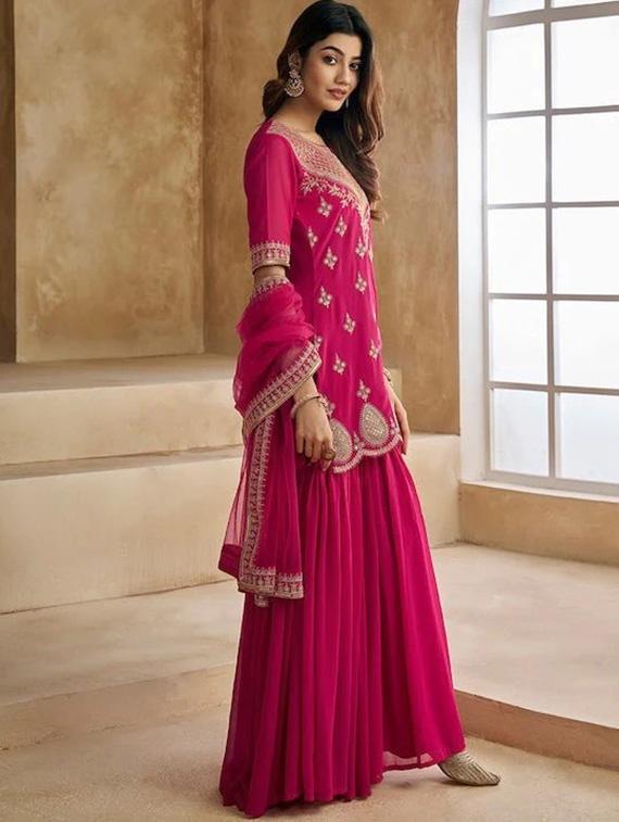 women embroidered three quarter sleeve kurta sharara with dupatta set - 22011420 -  Standard Image - 1