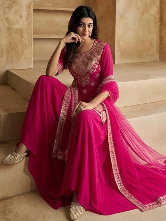 women embroidered three quarter sleeve kurta sharara with dupatta set - 22011420 - Standard Image - 4