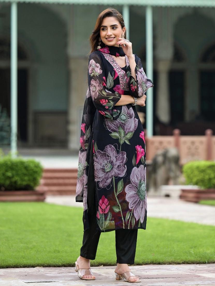 women embroidered three quarter sleeve kurta pant with dupatta set - 22011423 -  Standard Image - 1