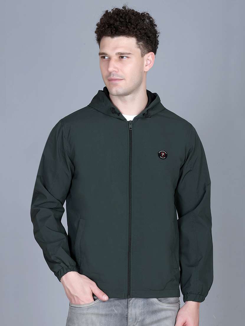 men solid long sleeve lightweight windcheater hooded jacket