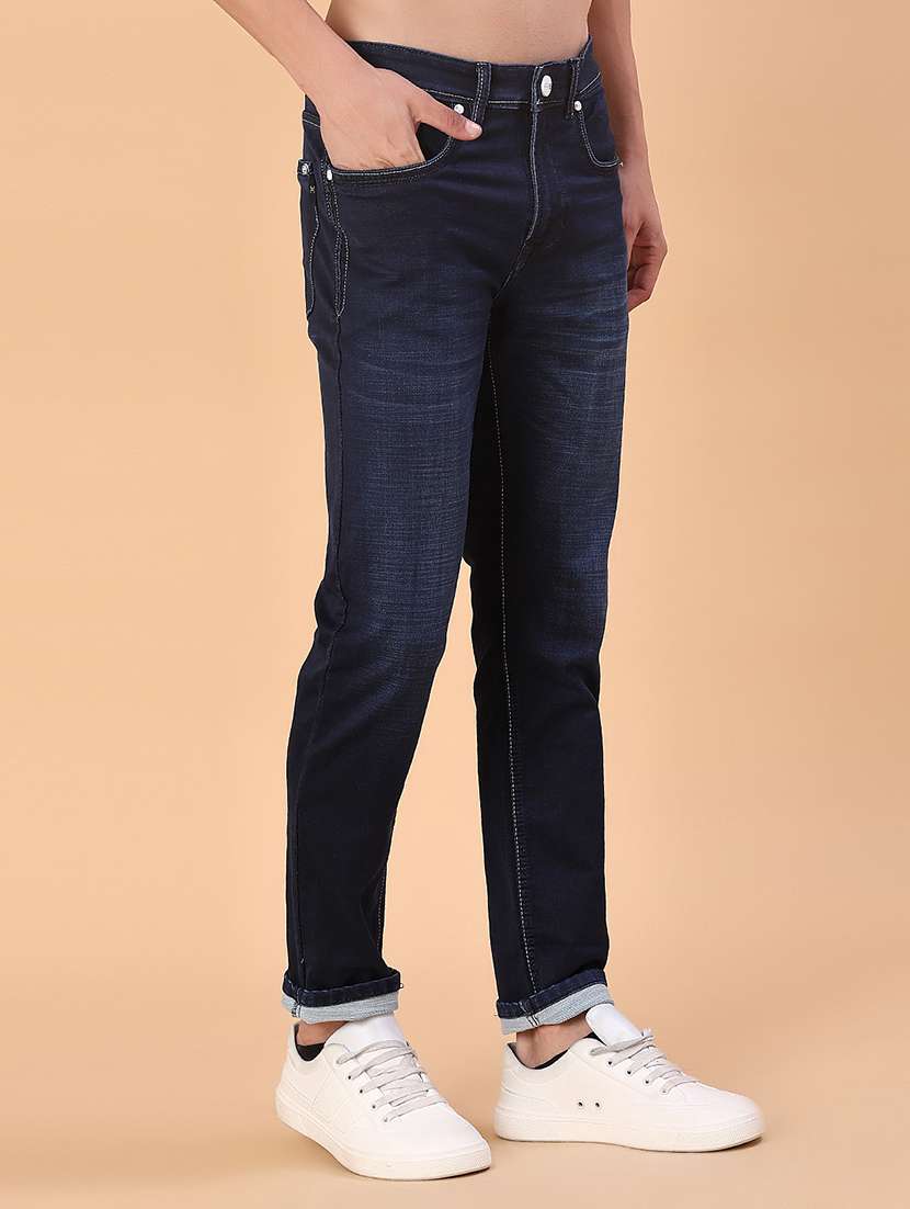 men washed mid rise full length jean