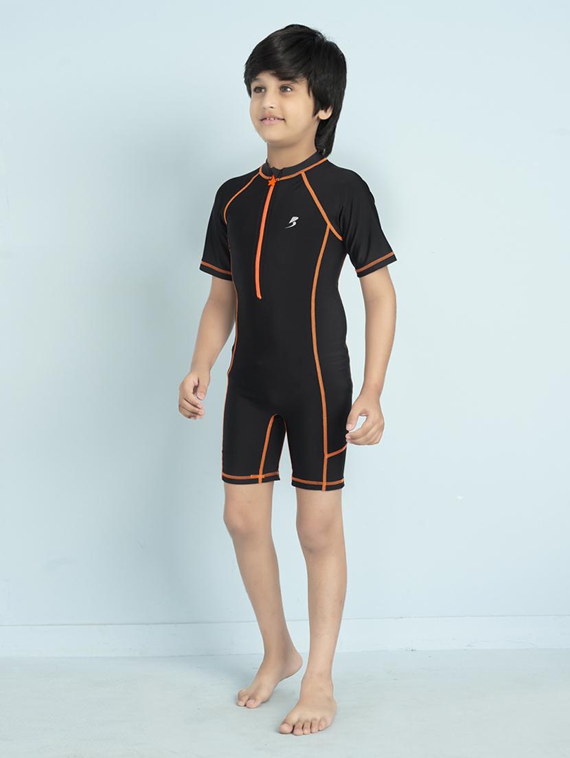 boys solid sports wear round neck swimsuit with goggles - 22011991 - Standard Image - 1