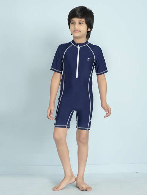 boys solid sports wear round neck swimsuit