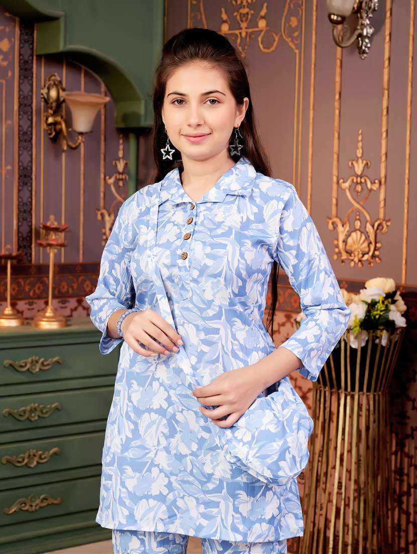 girls floral print collared kurta and pant set - 22012003 -  Standard Image - 1