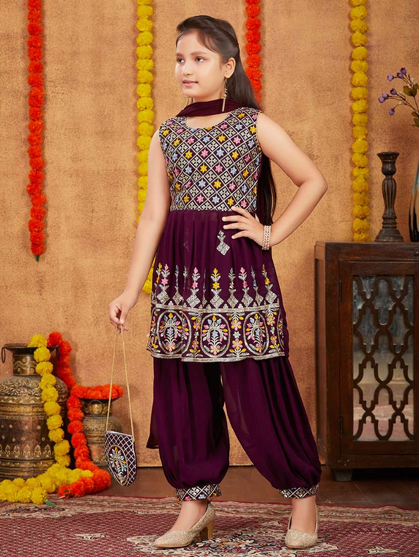 girls embroidered sleeveless kurta salwar suit set - 22012018 -  Standard Image - 1