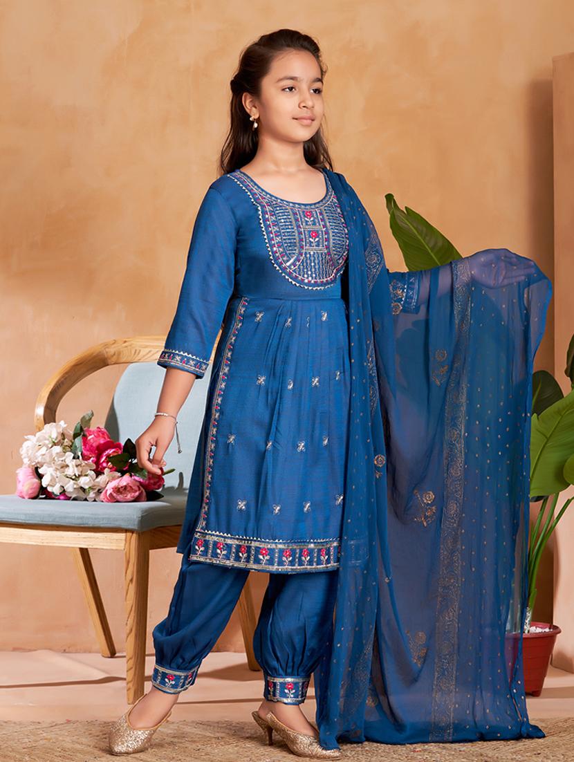 girls embroidered three quarter sleeve suit set - 22012022 -  Standard Image - 1
