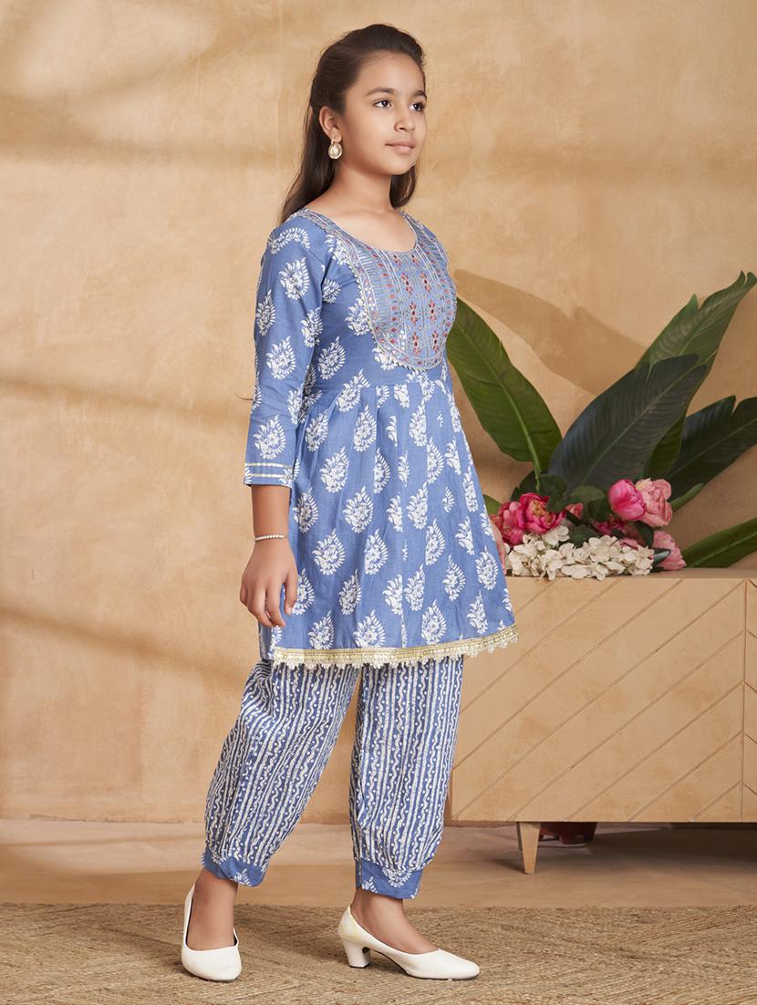 girls embroidered three quarter sleeve suit set - 22012024 -  Standard Image - 1