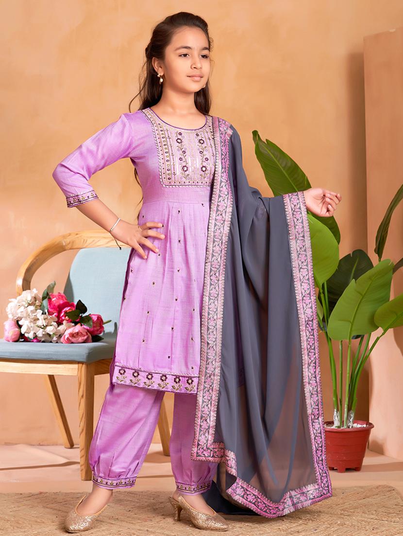 girls embroidered three quarter sleeve suit set - 22012025 -  Standard Image - 1