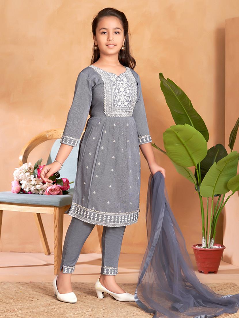 girls embroidered three quarter sleeve suit set - 22012026 -  Standard Image - 1