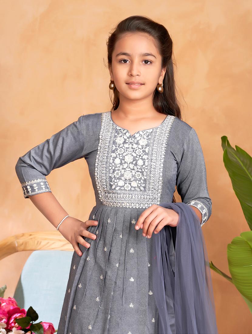 girls embroidered three quarter sleeve suit set - 22012026 - Standard Image - 4
