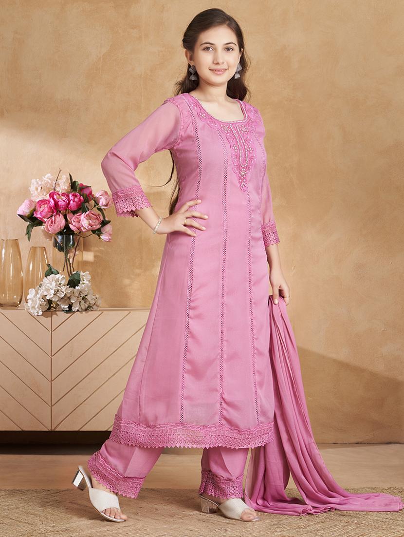 girls embroidered three quarter sleeve suit set - 22012029 -  Standard Image - 1