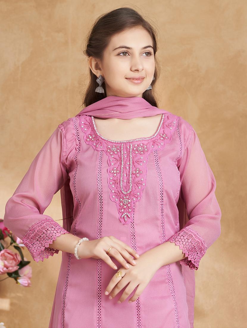 girls embroidered three quarter sleeve suit set - 22012029 - Standard Image - 4
