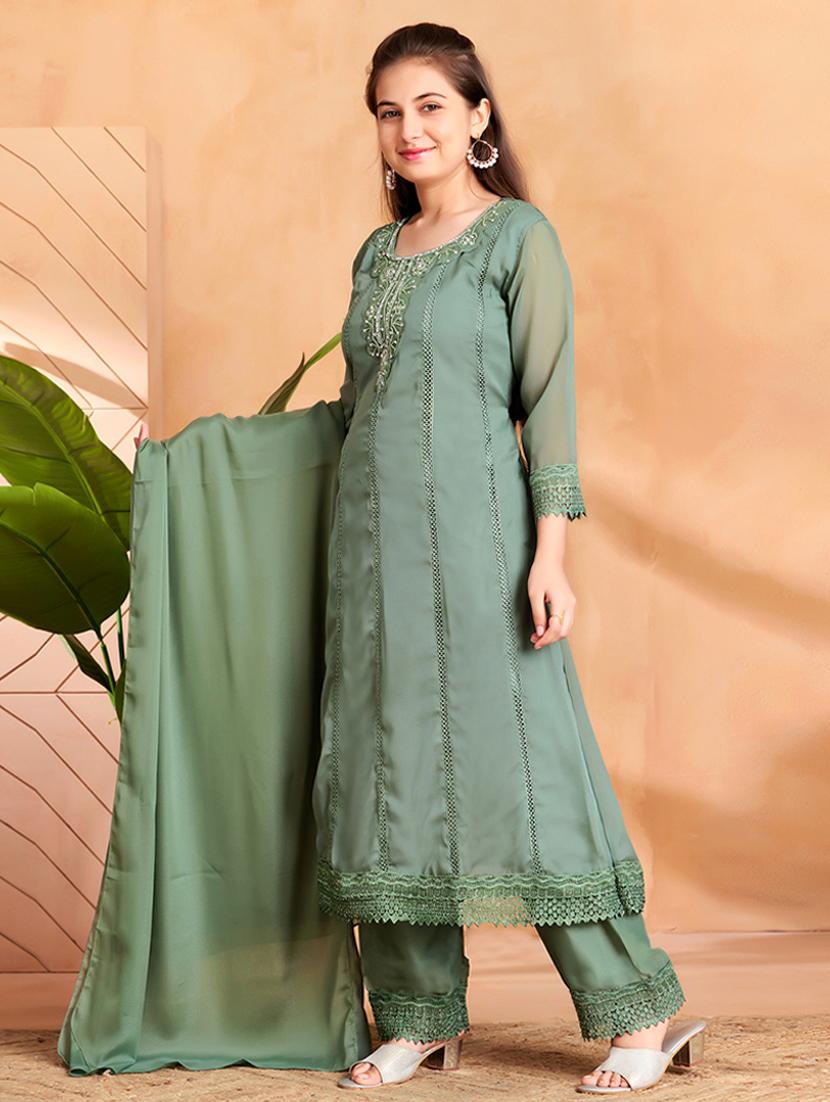 girls embroidered three quarter sleeve suit set - 22012030 -  Standard Image - 1