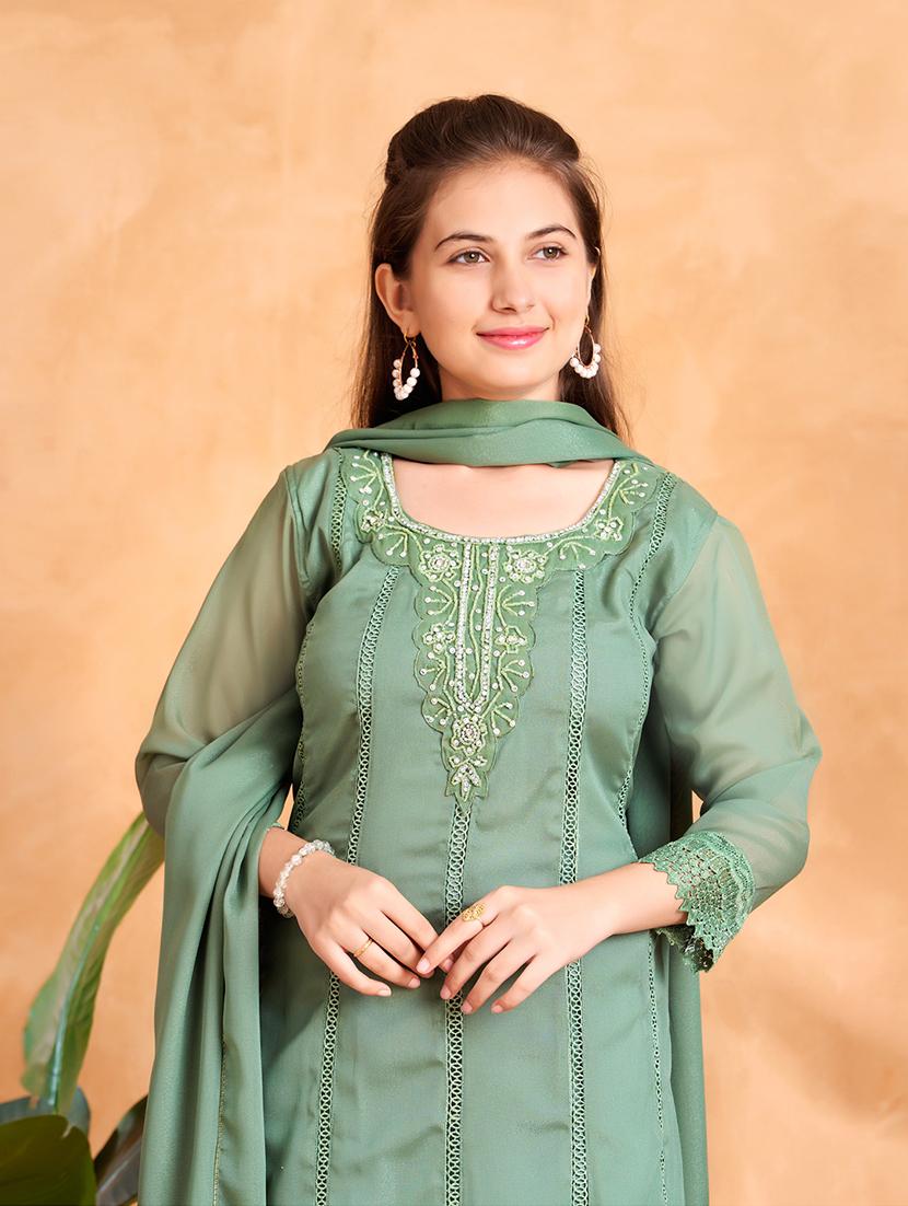 girls embroidered three quarter sleeve suit set - 22012030 - Standard Image - 4