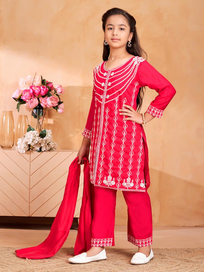 girls embroidered three quarter sleeve suit set - 22012032 -  Standard Image - 1