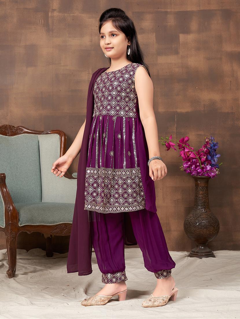 girls embroidered kurta and salwar with dupatta  - 22012040 -  Standard Image - 1