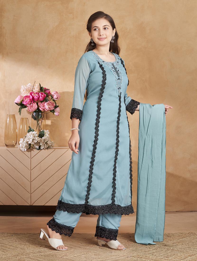 girls embroidered kurta and pant with dupatta - 22012045 - Standard Image - 1