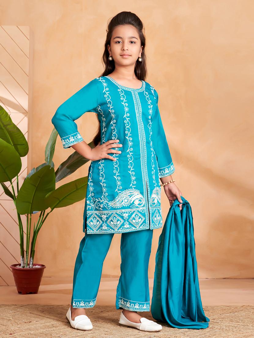 girls embroidered long sleeve kurta and pant set with dupataa - 22012047 - Standard Image - 1