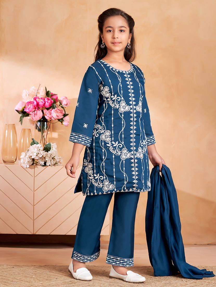 girls embroidered long sleeve kurta and pant set with dupataa - 22012048 -  Standard Image - 1