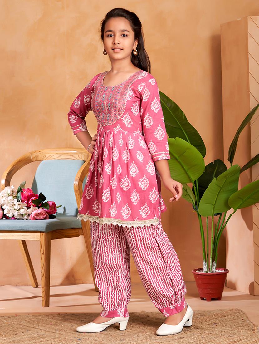girls printed round neck kurta and salwar set - 22012058 -  Standard Image - 1
