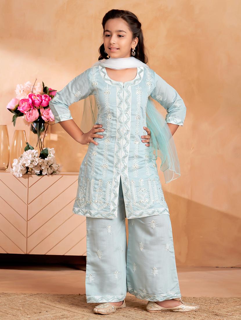 girls embroidered kurta and palazzo with dupatta - 22012061 - Zoom Image - 0