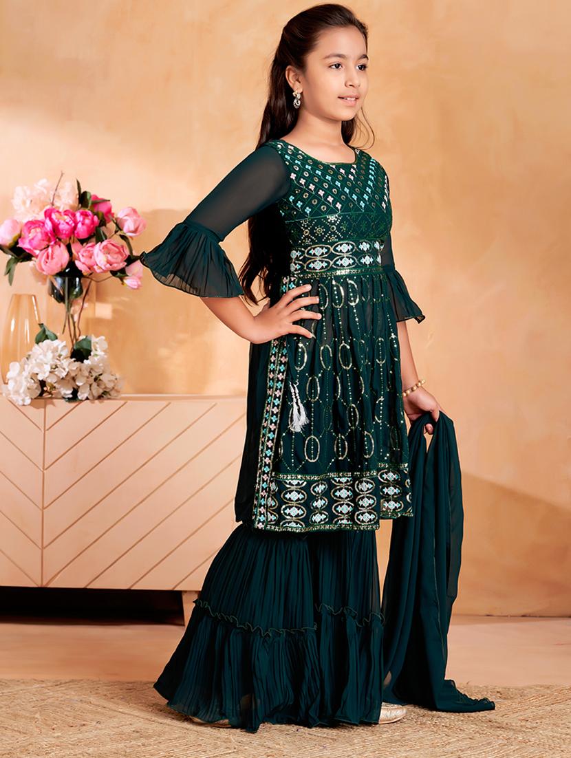 girls embroidered kurta and sharara set with dupatta - 22012066 -  Standard Image - 1
