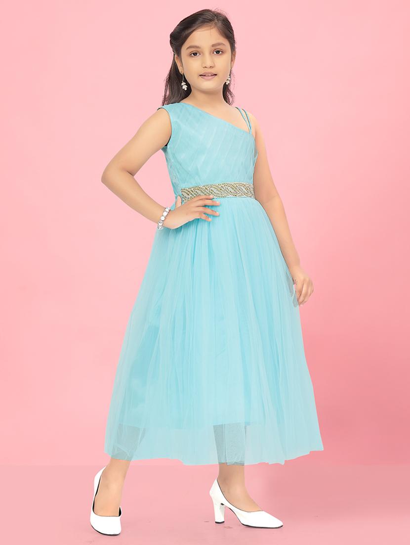 girls solid single shoulder fit & flare maxi dress - 22012081 -  Standard Image - 1