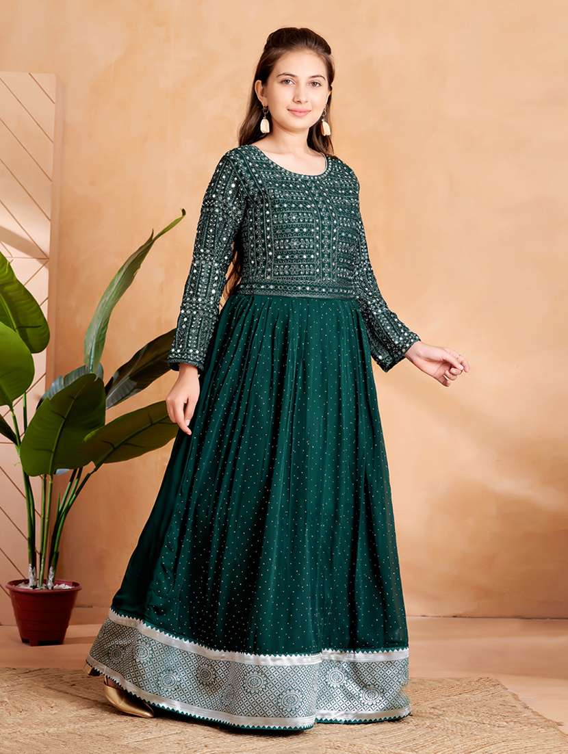 girls embroidered long sleeve fit & flare gown - 22012085 -  Standard Image - 1