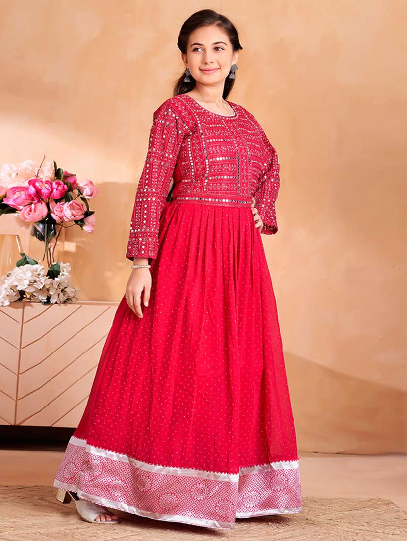 girls embroidered long sleeve fit & flare gown - 22012087 -  Standard Image - 1