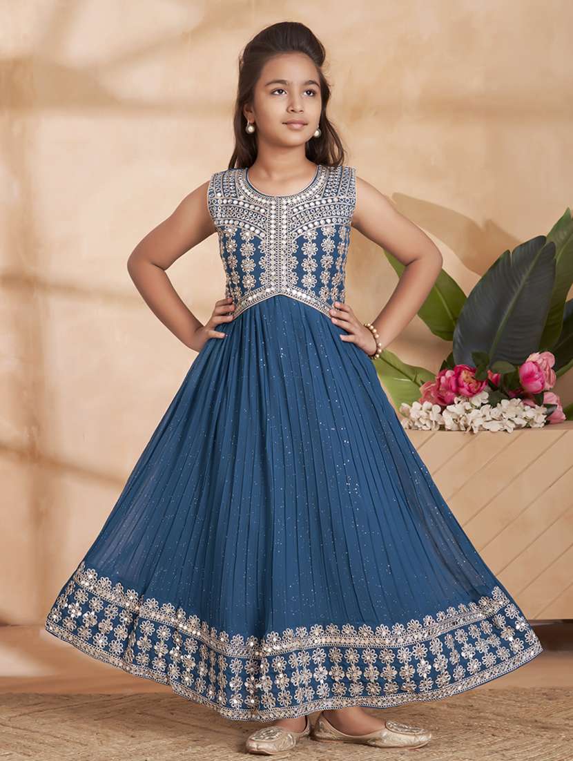 girls embroidered sleeveless fit & flare gown